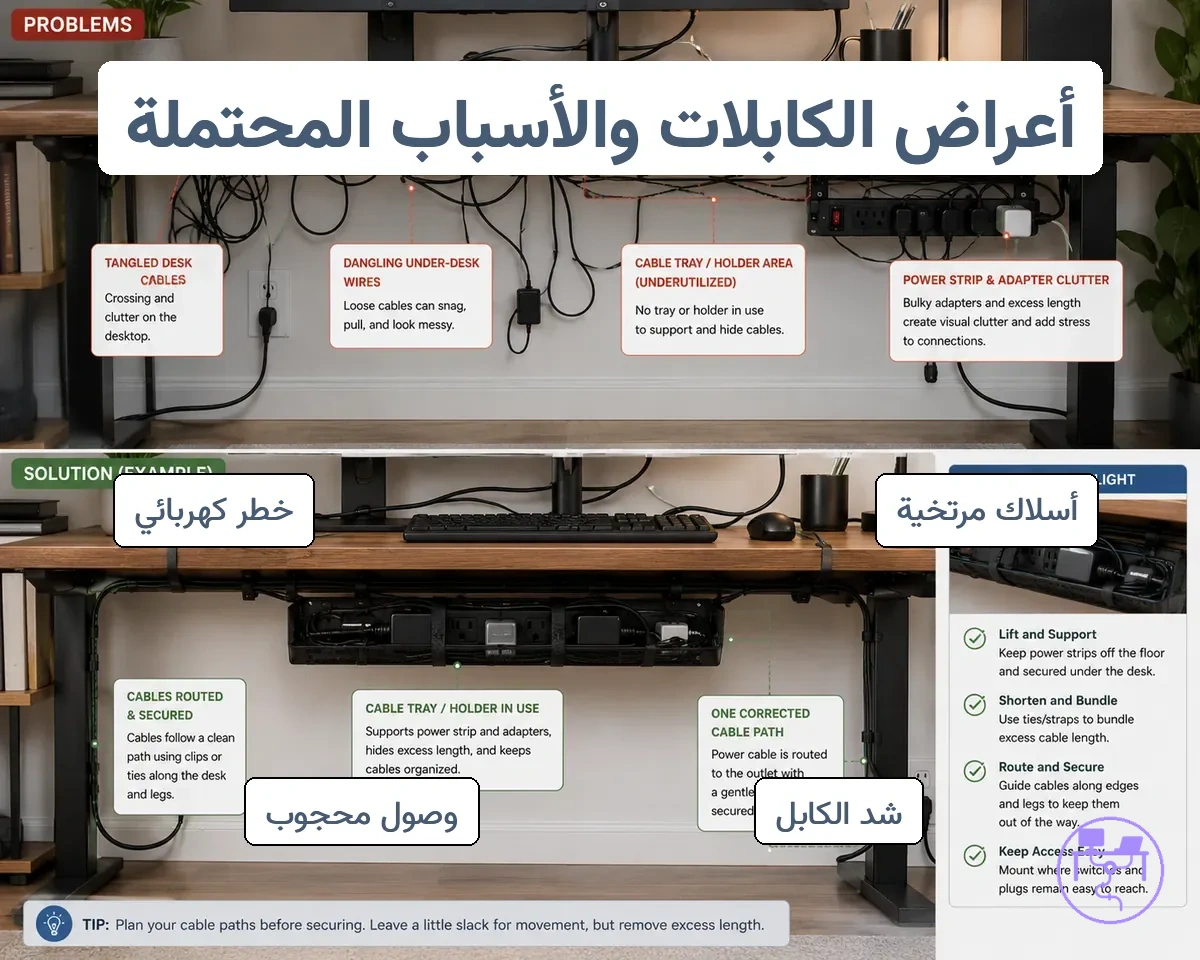 أعراض مرئية لإدارة كابلات المكتب مع كابلات متشابكة وأسلاك متدلية أسفل المكتب