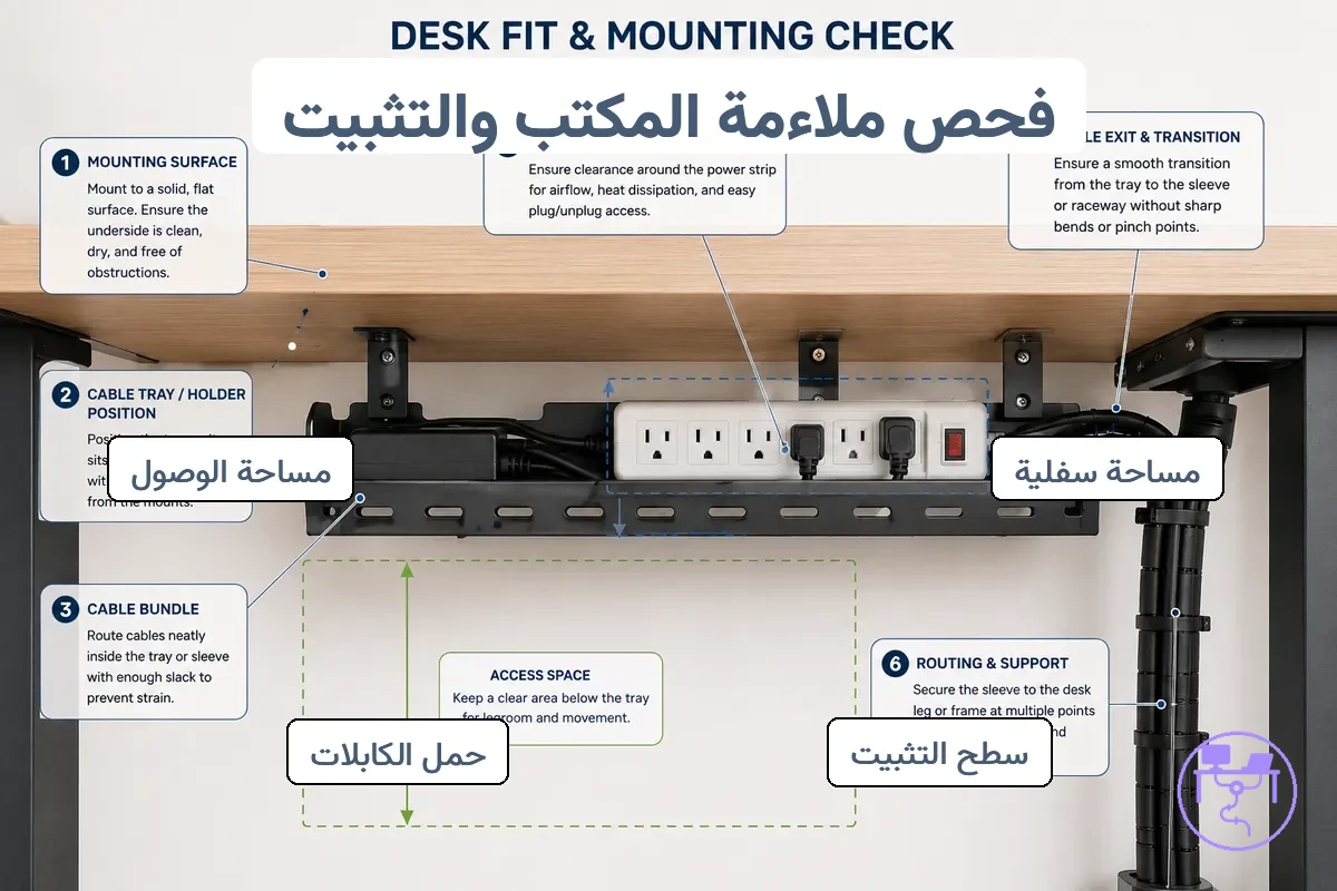 التحقق من ملاءمة المكتب لتركيب نظام إدارة الكابلات أسفل محطة العمل.