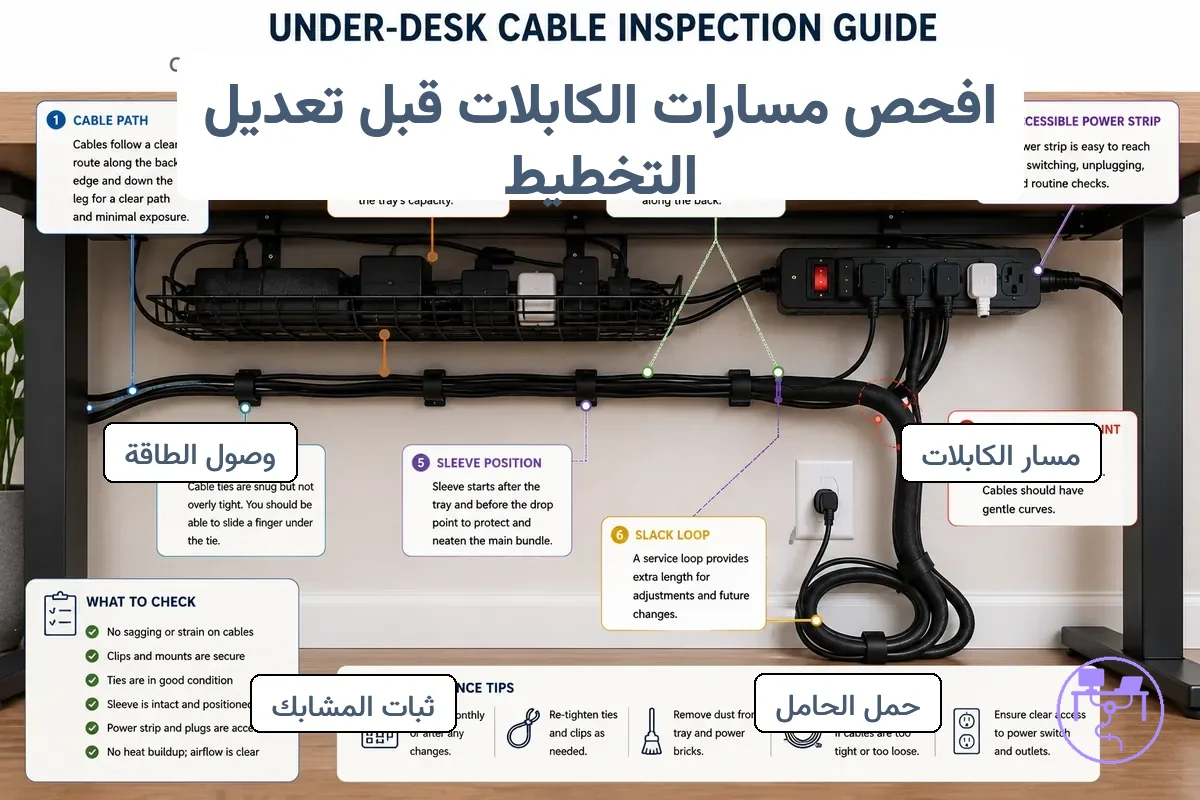 مسار كابلات أسفل المكتب مع شرح يوضح حمل العلبة ومشابك الكابلات والطول الزائد وضغط الانحناء والوصول إلى شريحة الطاقة