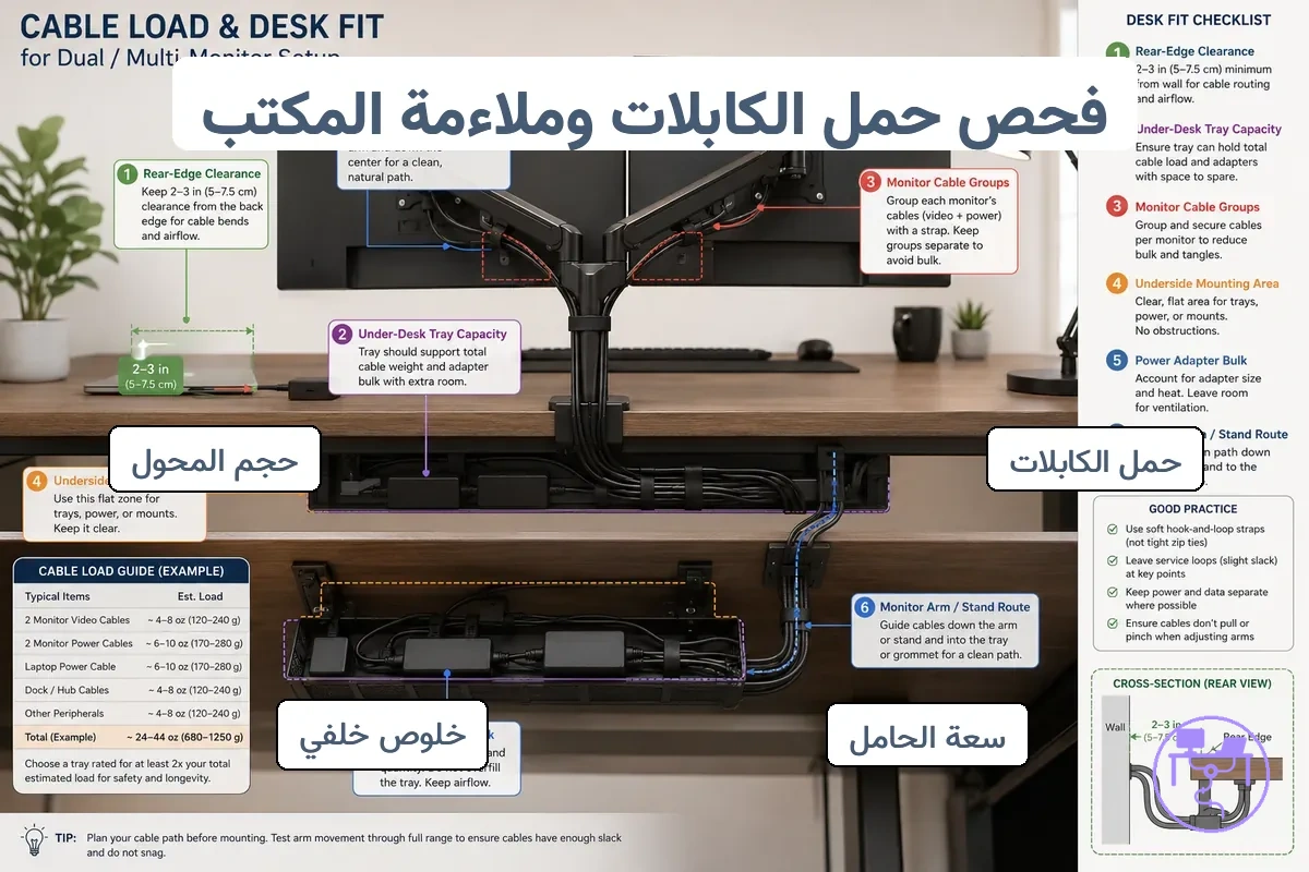 التحقق من حمل الكابلات وملاءمة المكتب لشاشتين يوضح سعة الصينية أسفل المكتب والخلوص الخلفي وكابلات الشاشة المجمعة