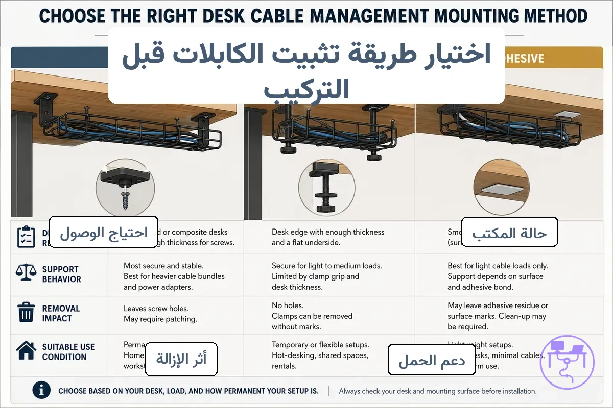 مقارنة طرق التثبيت قبل تركيب نظام إدارة كابلات المكتب