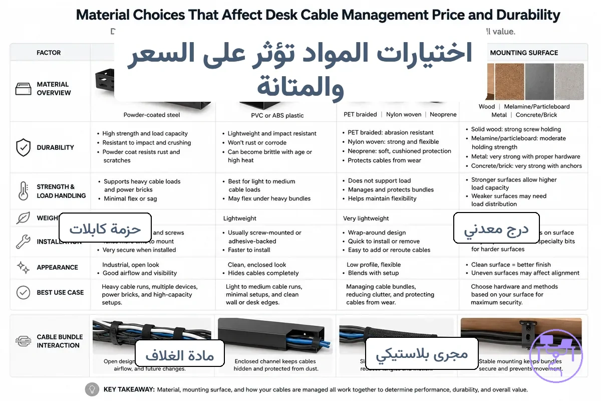اختيارات المواد لإدارة كابلات المكتب تظهر صينية معدنية ومجرى بلاستيكي وكم كابل مع الاختلافات بينها
