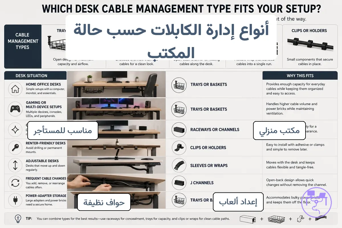 مواقف مكتبية مقابلة لأنواع إدارة الكابلات