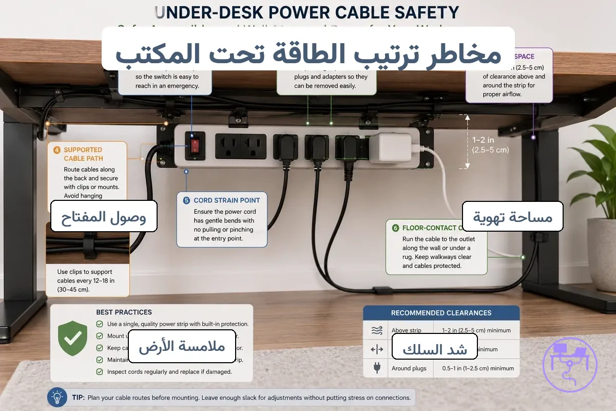 مخاطر كهربائية وفيزيائية في ترتيب كابلات الطاقة أسفل المكتب