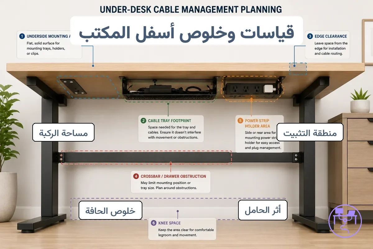 قياسات الجانب السفلي للمكتب وفحوصات الخلوص توضح منطقة التركيب وبصمة الصينية وخلوص الحافة والعوائق