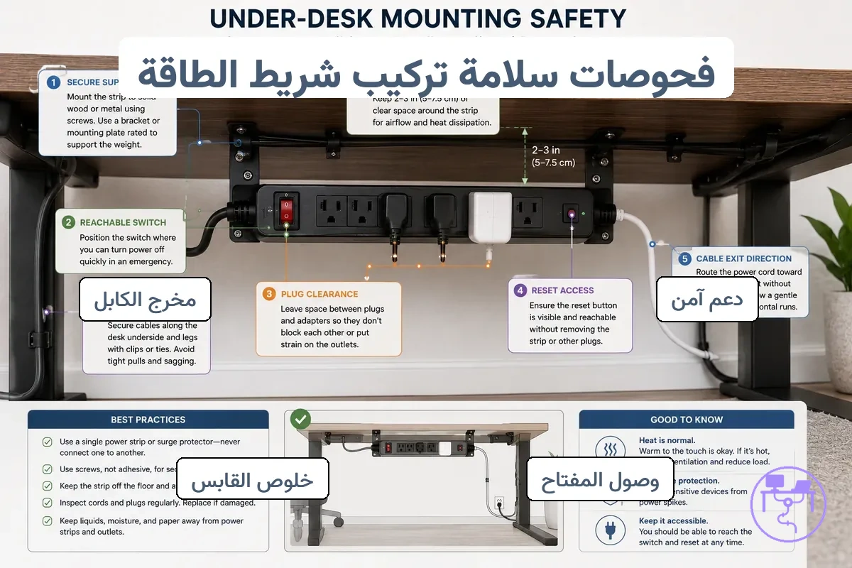مشترك كهرباء وواقي تيار زائد مثبتان أسفل مكتب مع إمكانية الوصول وخلوص الكابلات
