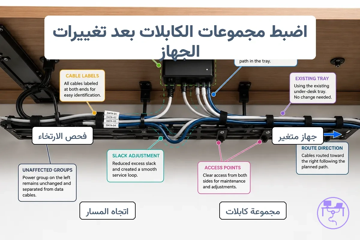 تعديل نظام إدارة كابلات المكتب بعد تغيير جهاز يظهر مجموعة الكابلات المتغيرة والعلبة الحالية والملصقات والطول الزائد واتجاه المسار