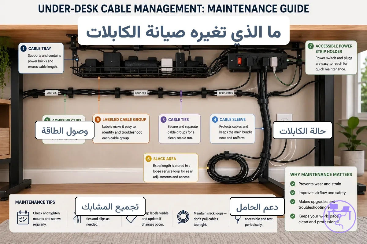 إعداد صيانة نظام إدارة كابلات المكتب مع شرح يوضح العلبة والمشابك والروابط والملصقات والكم والطول الزائد وحامل شريحة الطاقة