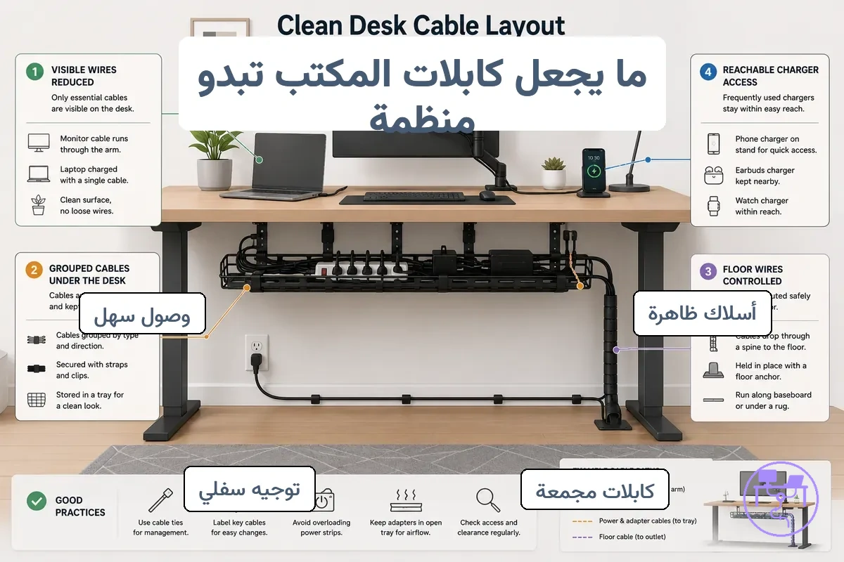تنسيق كابلات مكتب مع توجيه منظم ووصلات قابلة للوصول