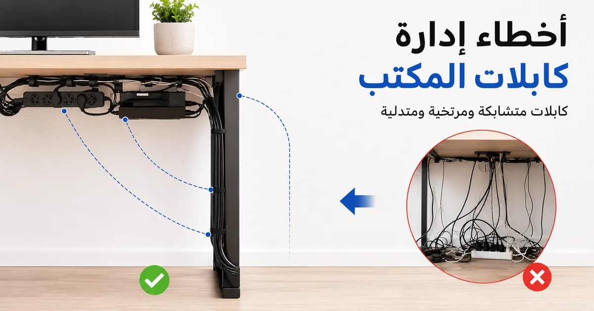 مشكلات نظام إدارة كابلات المكتب مع كابلات متشابكة ومرتخية ومتدلية يجري تصحيحها أسفل المكتب