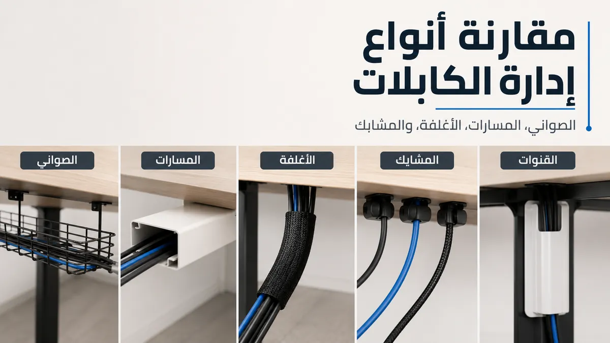 أنواع من أنظمة إدارة كابلات المكتب تشمل الصواني والمسارات والأغلفة والمشابك والقنوات
