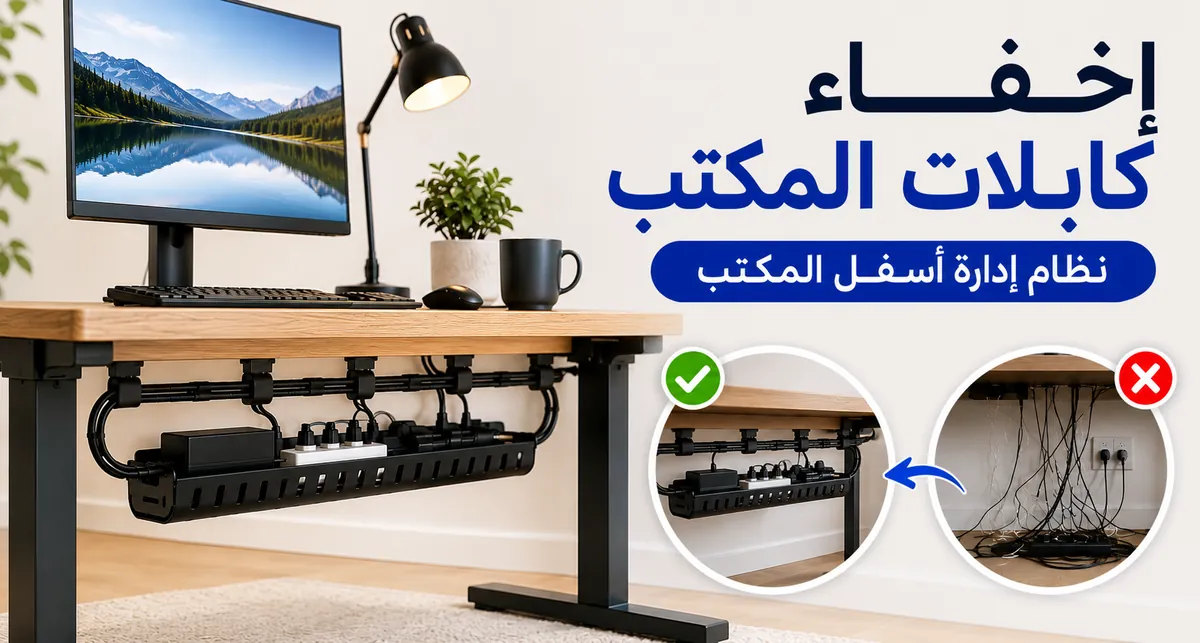 كابلات مكتب مخفية باستخدام نظام إدارة كابلات أسفل المكتب للحصول على مساحة عمل مرتبة