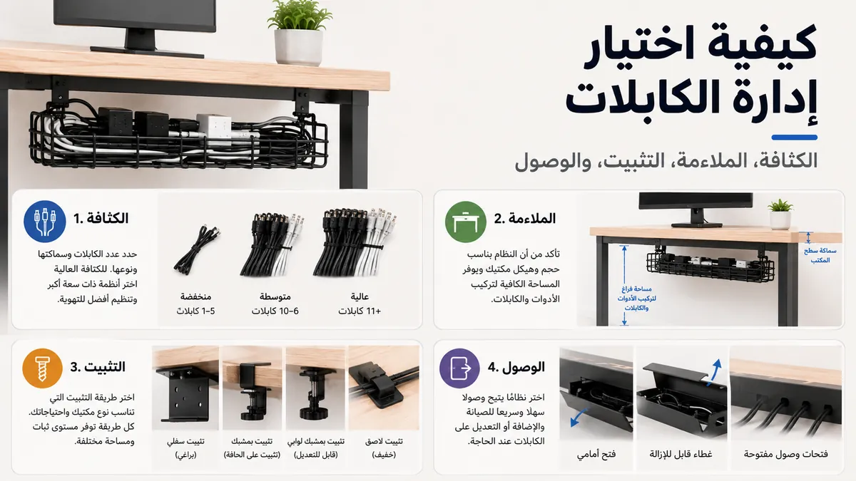 اختيار نظام إدارة كابلات المكتب حسب كثافة الكابلات وملاءمة المكتب وطريقة التثبيت وسهولة الوصول إلى الكابلات