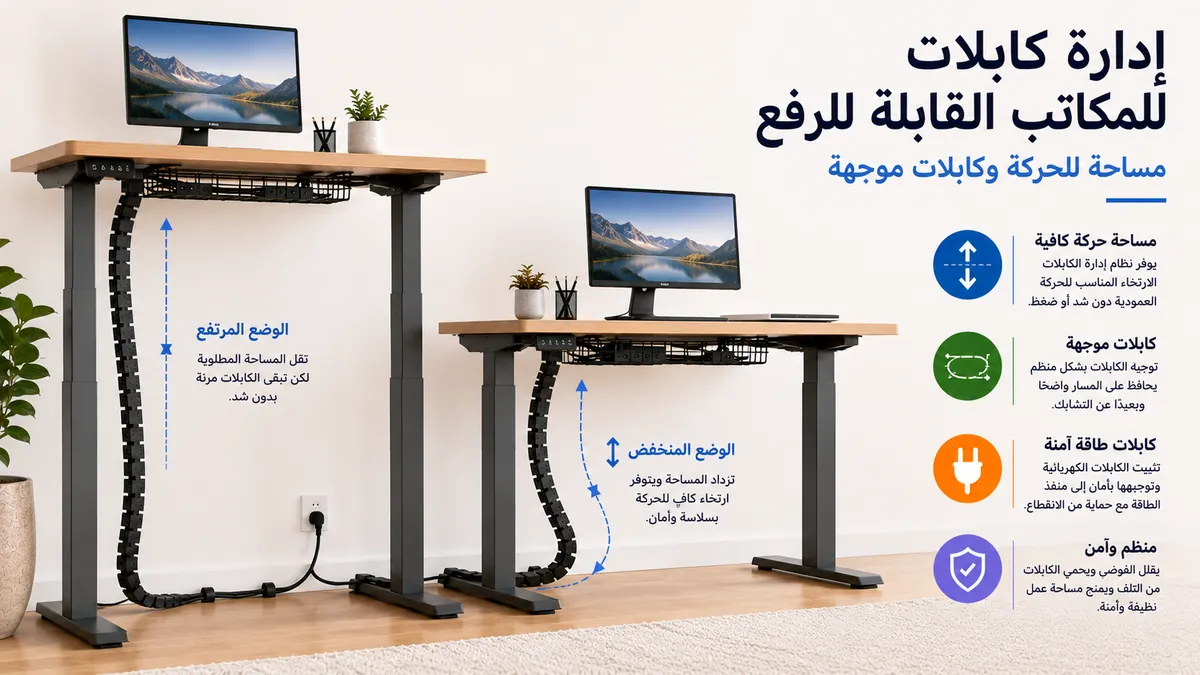 نظام إدارة كابلات لمكتب قابل للرفع مع مساحة كافية لحركة الارتفاع وكابلات طاقة موجهة