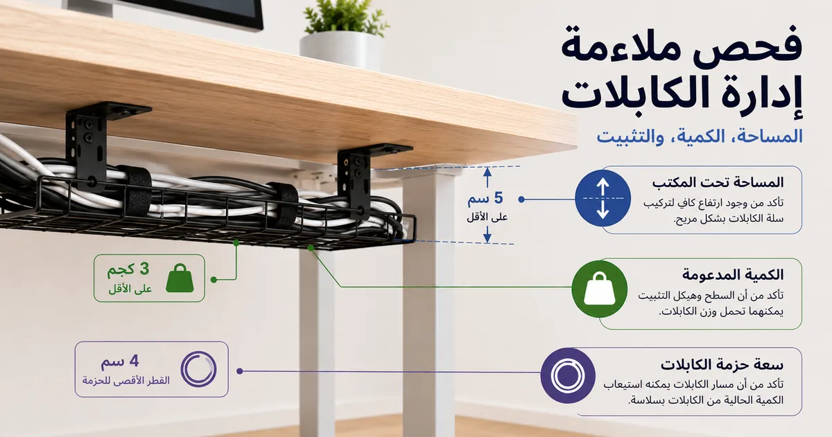فحص ملاءمة نظام إدارة الكابلات مع مساحة أسفل المكتب ومنطقة التثبيت وسعة تجميع الكابلات