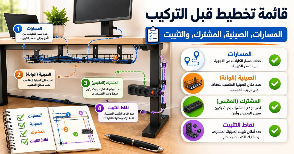 قائمة تخطيط لنظام إدارة الكابلات تشمل مسارات الكابلات ومكان الصينية وموقع مشترك الكهرباء ونقاط التثبيت