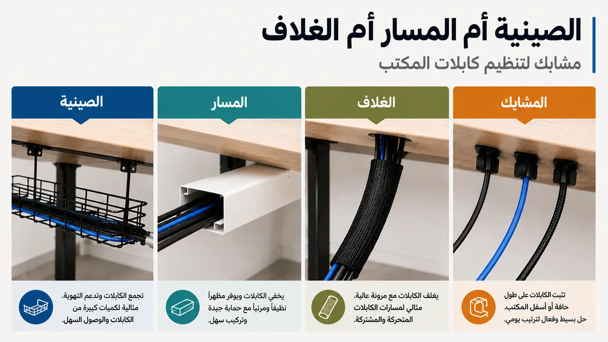 مقارنة بين صينية الكابلات ومسار الكابلات وغلاف الكابلات والمشابك لتنظيم كابلات المكتب