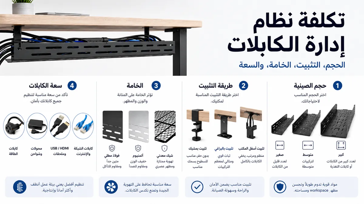 عوامل تكلفة نظام إدارة كابلات المكتب حسب حجم الصينية وطريقة التثبيت والخامة وسعة الكابلات