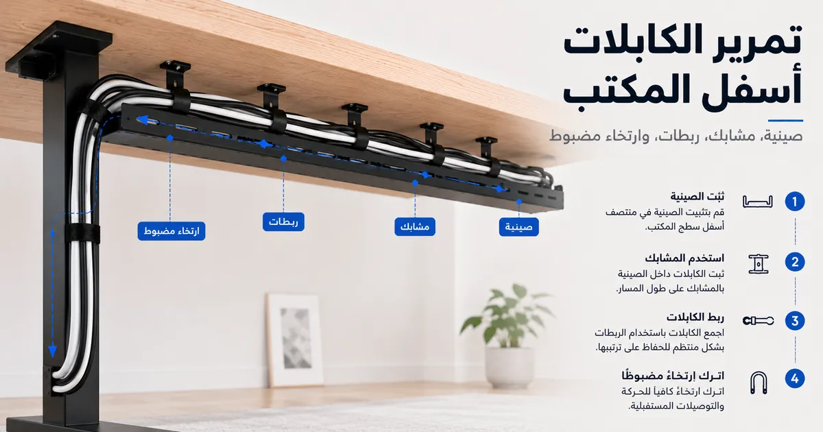 كابلات ممررة أسفل المكتب عبر صينية إدارة كابلات مع مشابك وربطات ومساحة ارتخاء مضبوطة