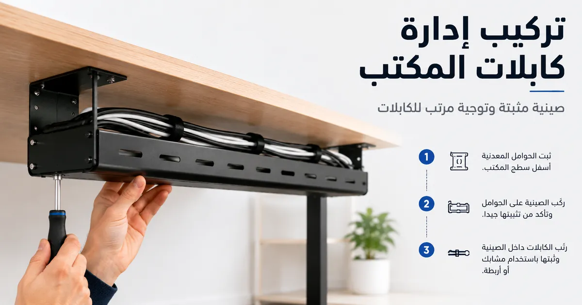 تركيب نظام إدارة كابلات أسفل المكتب مع صينية مثبتة وتوجيه مرتب للكابلات