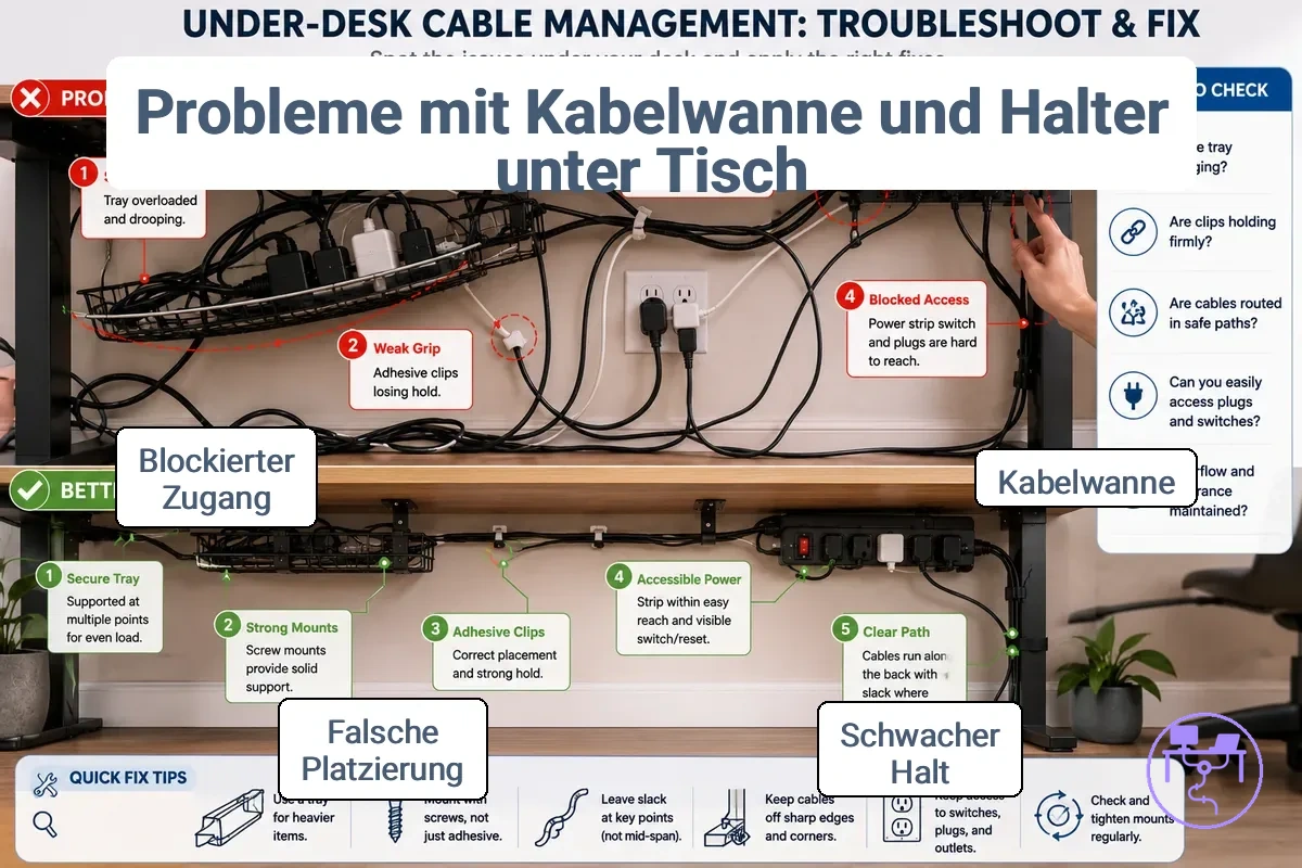 Probleme mit Kabelkanälen und -haltern am Schreibtisch, die Stützung und Zugang beeinträchtigen