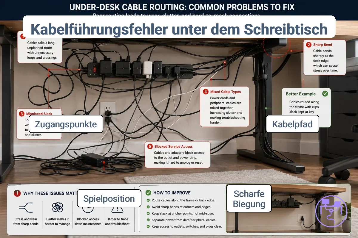 Kabelverlegungsprobleme unter dem Schreibtisch, die Kabelwege und Durchhangprobleme zeigen