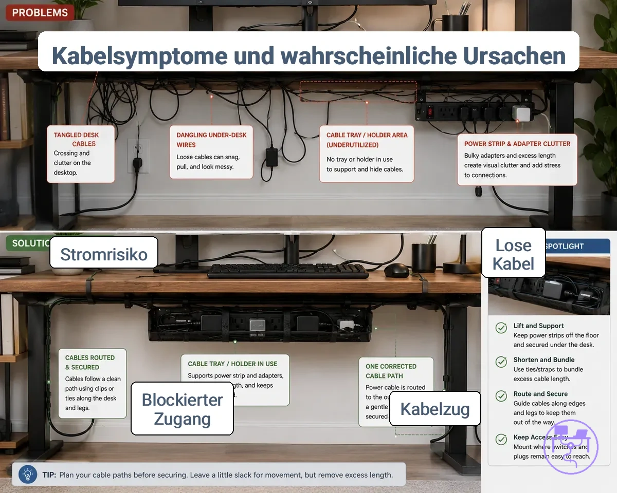 Sichtbare Symptome von schlechtem Kabelmanagement am Schreibtisch mit verhedderten Kabeln und herunterhängenden Kabeln unter dem Tisch