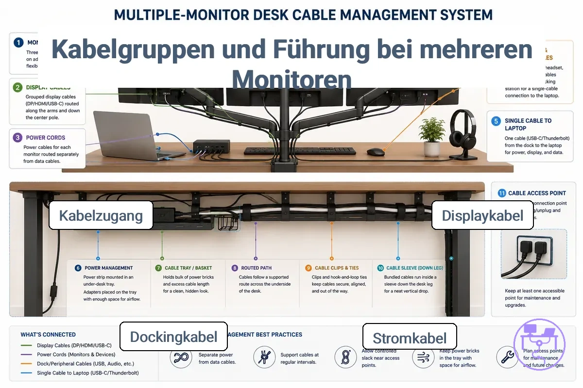 Kabelmanagement-System für mehrere Monitore, das Bildschirm-, Strom-, Peripherie- und Docking-Kabelgruppen zeigt, die zu einem Bereich unter dem Schreibtisch geführt werden
