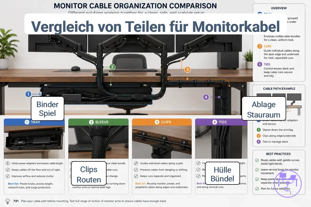 Schalen, Hüllen, Clips und Kabelbinder zur Organisation von Monitorkabeln mit gebündelten Kabeln, sichtbarer Kabelführung und separaten Kabelwegen