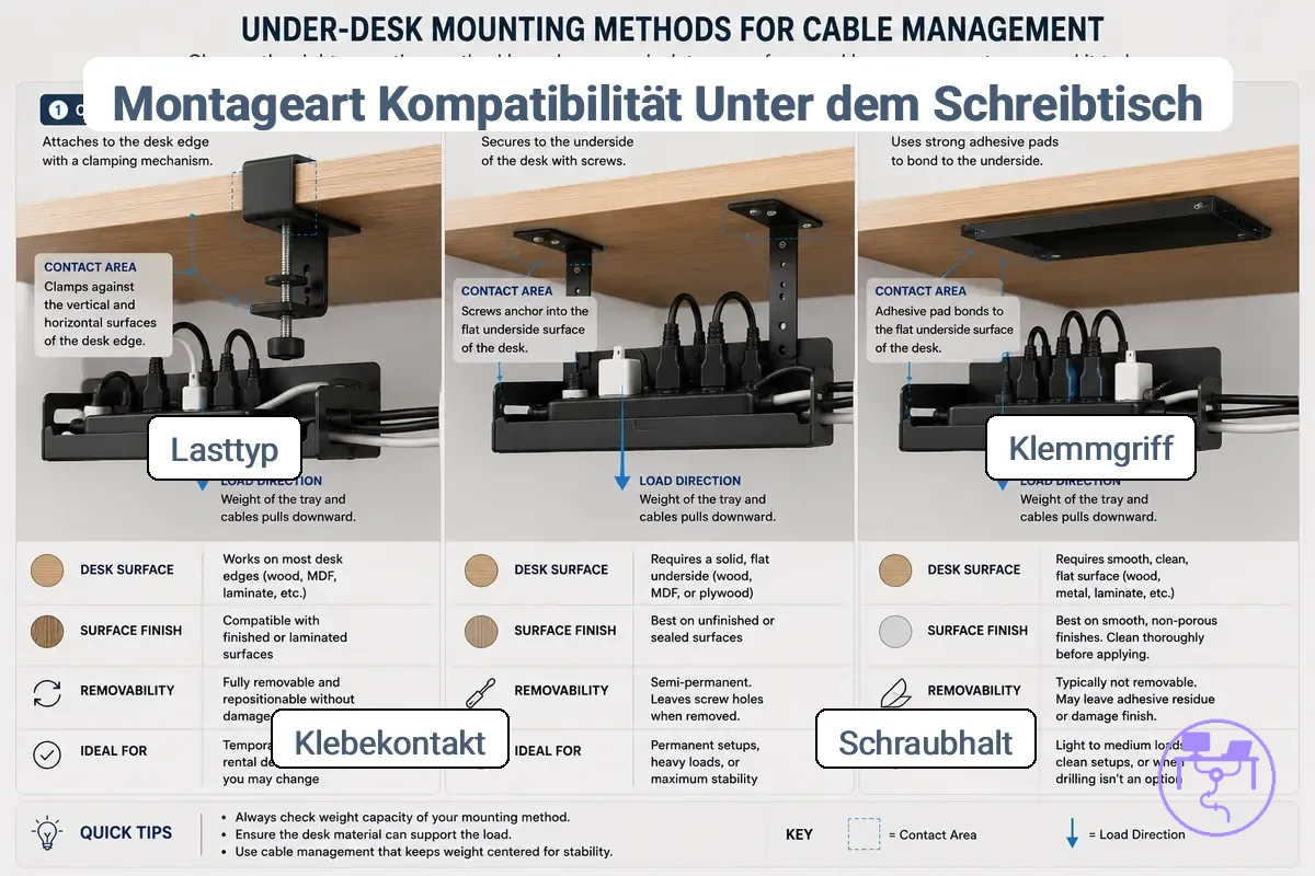 Vergleich von Klemm-, Schraub- und Klebebefestigungsmethoden unter einem Schreibtisch
