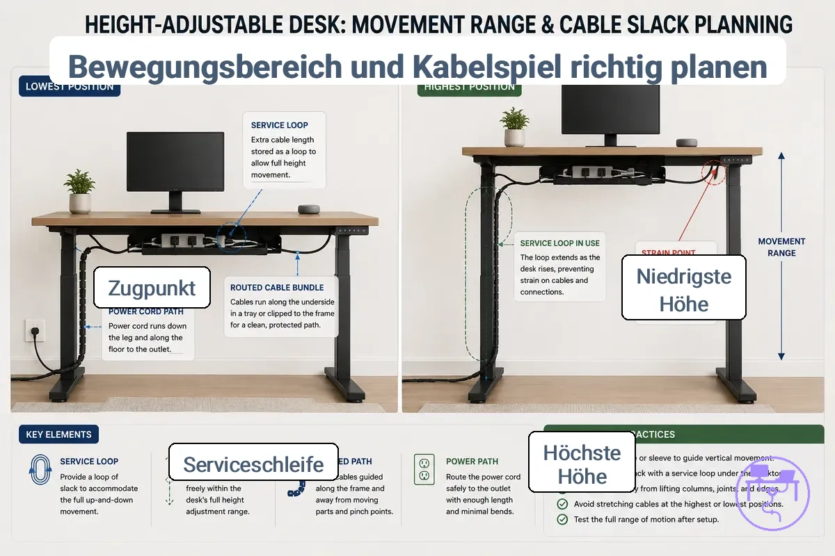 Kabeldurchhang-Diagramm für höhenverstellbare Schreibtische mit Sitz- und Stehhöhe