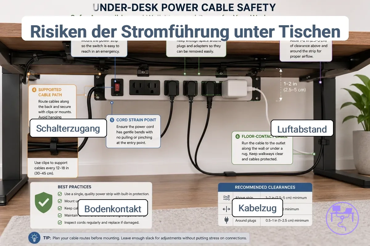 Elektrische und mechanische Risiken bei einer Stromkabelanordnung unter dem Schreibtisch