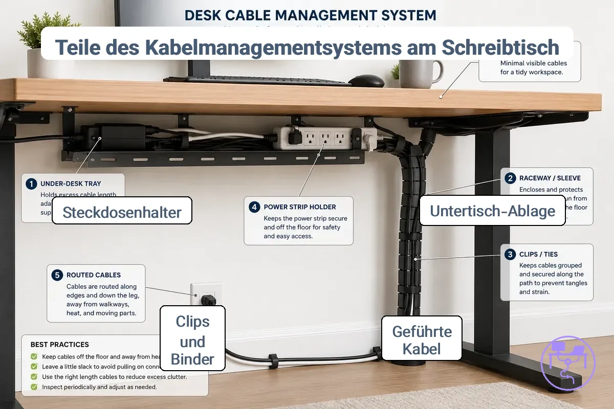 Hauptteile in einem Kabelmanagement-System für den Schreibtisch unter einem Arbeitsplatz.