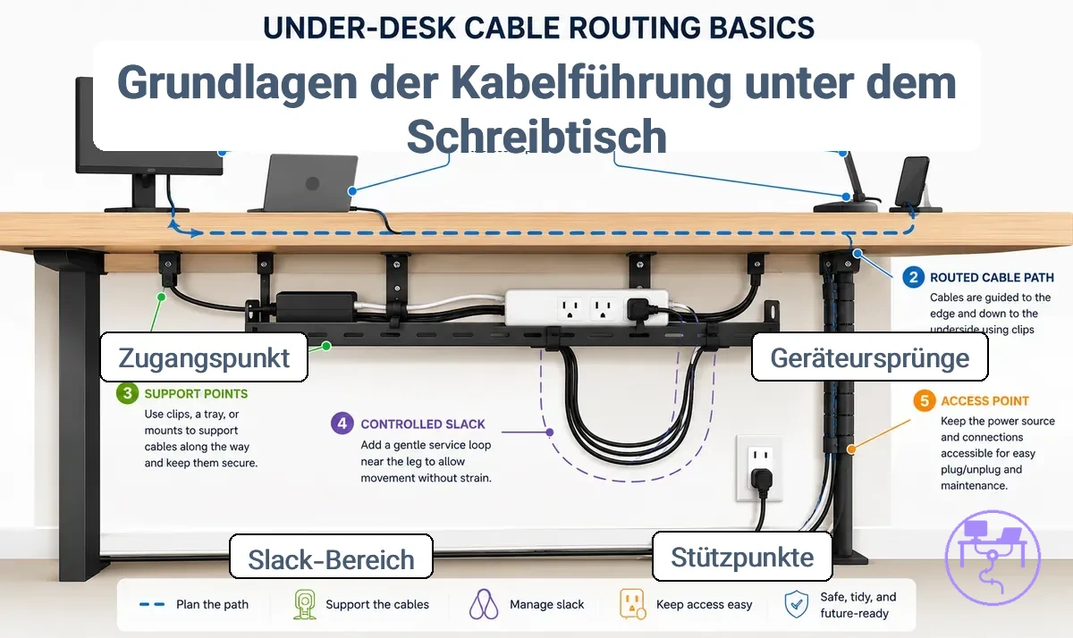 Diagramm des Kabelführungspfads unter dem Schreibtisch mit Stützpunkten und Kabelreservebereich