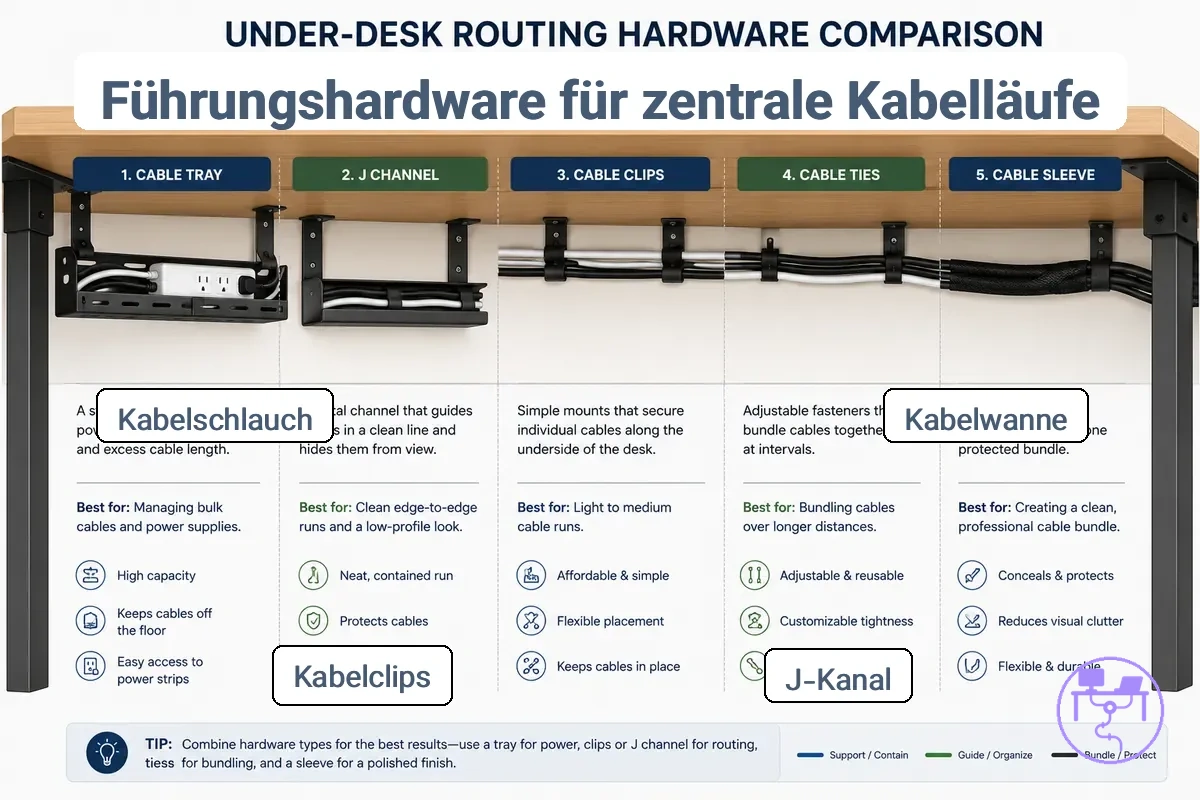 Vergleich von Kabelkanal, J-Kanal, Clips, Kabelbindern und Kabelschlauch für die Kabelführung unter dem Schreibtisch