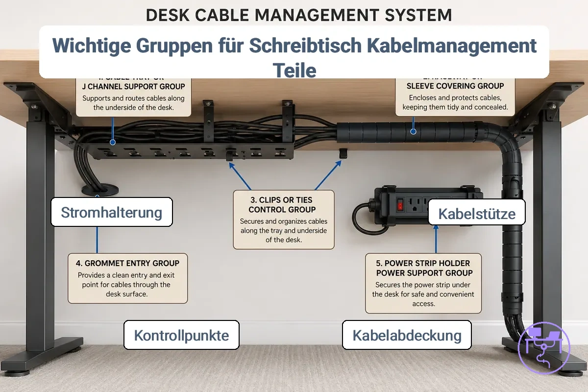 Diagramm der Hauptteilegruppen eines Kabelmanagement-Systems für den Schreibtisch mit Wanne, Kabelkanal, Schlauch, Clips, Durchführung und Steckdosenhalter