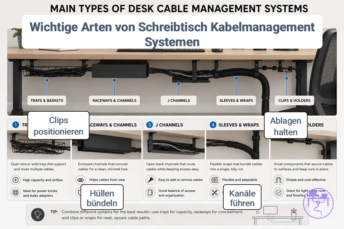 Vergleich der Typenfamilien von Kabelmanagement-Systemen für den Schreibtisch