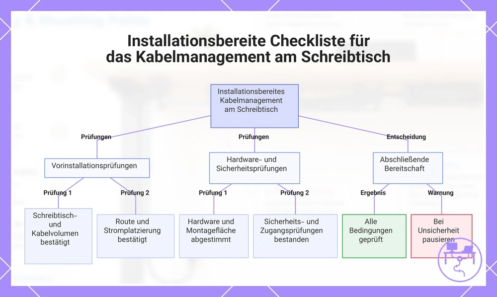 Installationsbereite Checkliste für das Kabelmanagement am Schreibtisch
