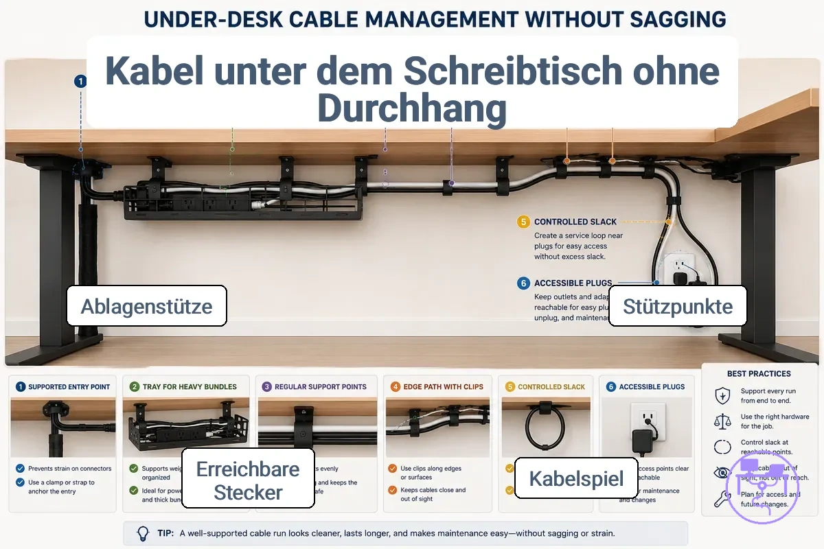 Stützpunkte und Spielraumverwaltung für Kabel unter dem Schreibtisch