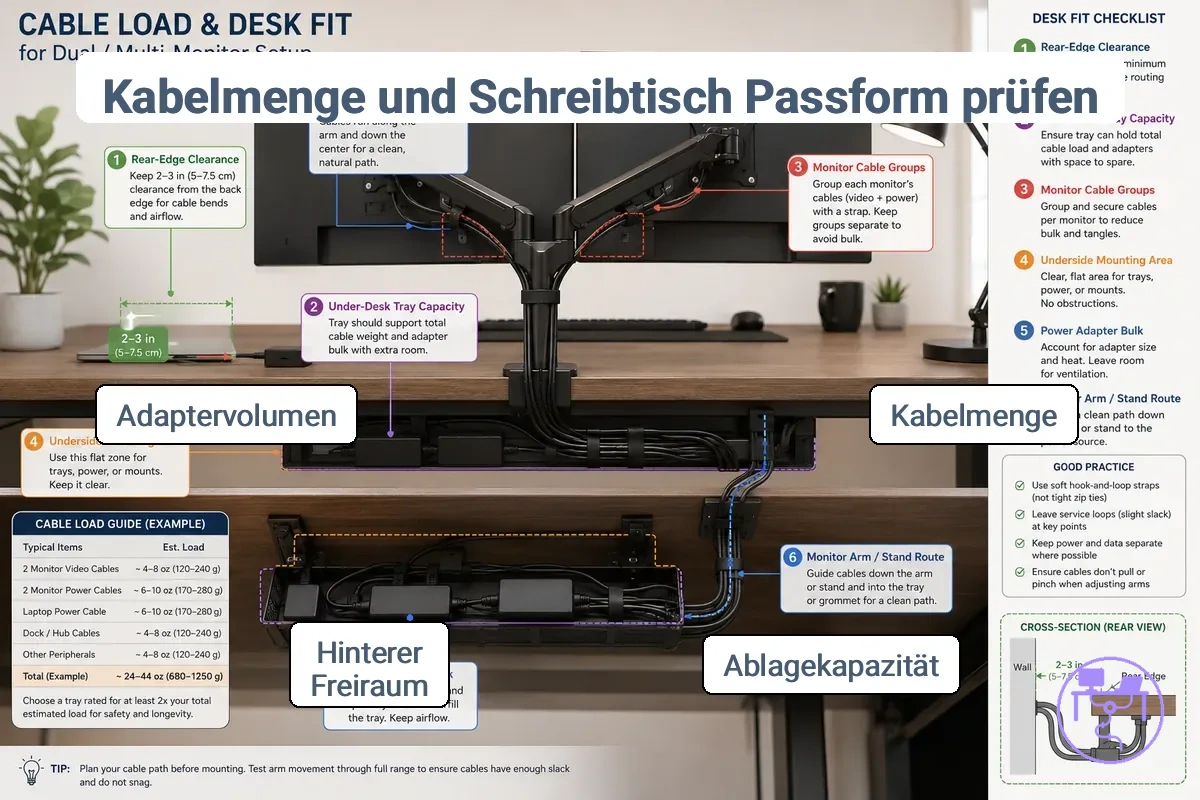 Überprüfung der Kabelbelastung und Schreibtischpassung für Dual-Monitore, die Schalenkapazität unter dem Schreibtisch, Freiraum an der Hinterkante und gebündelte Monitorkabel zeigt