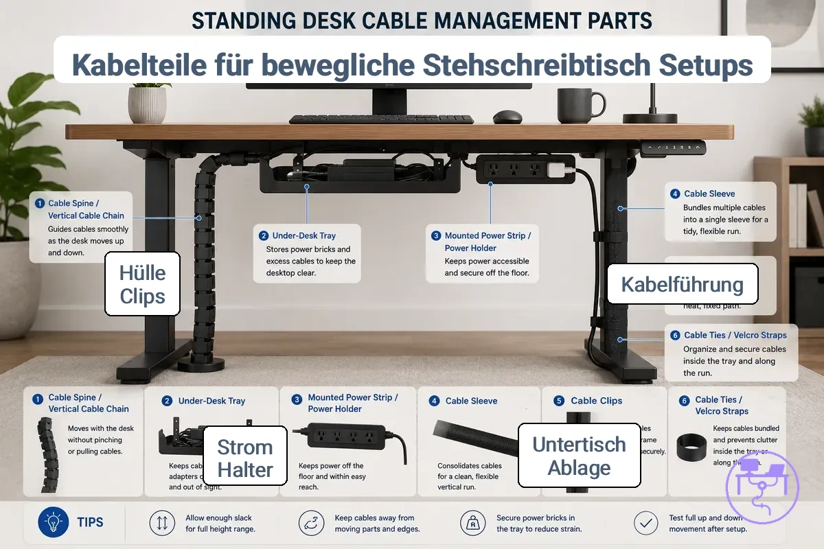 Kabelmanagement-Komponenten für höhenverstellbare Schreibtische, einschließlich Kabelspirale, Kabelwanne, Kabelschlauch und Clips