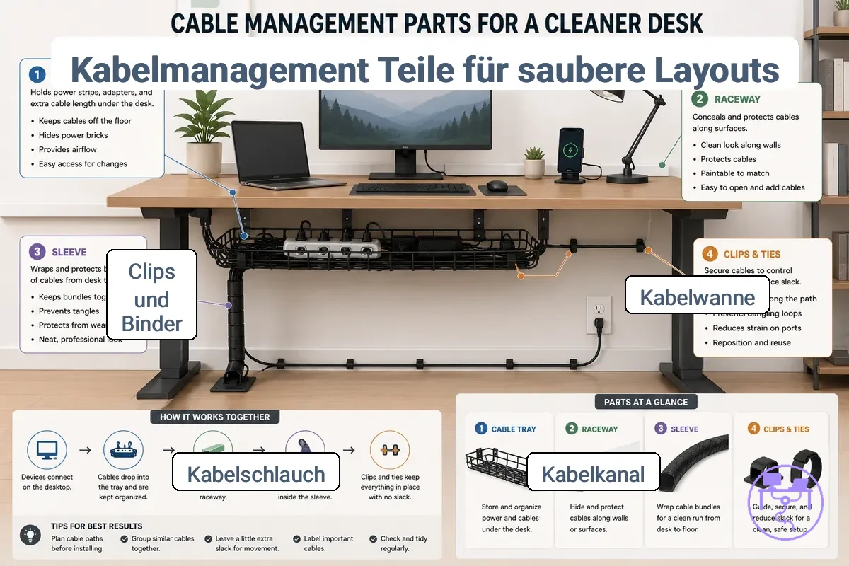 Kabelmanagement-Komponenten zum Bündeln, Verbergen, Führen und Sichern von Kabeln
