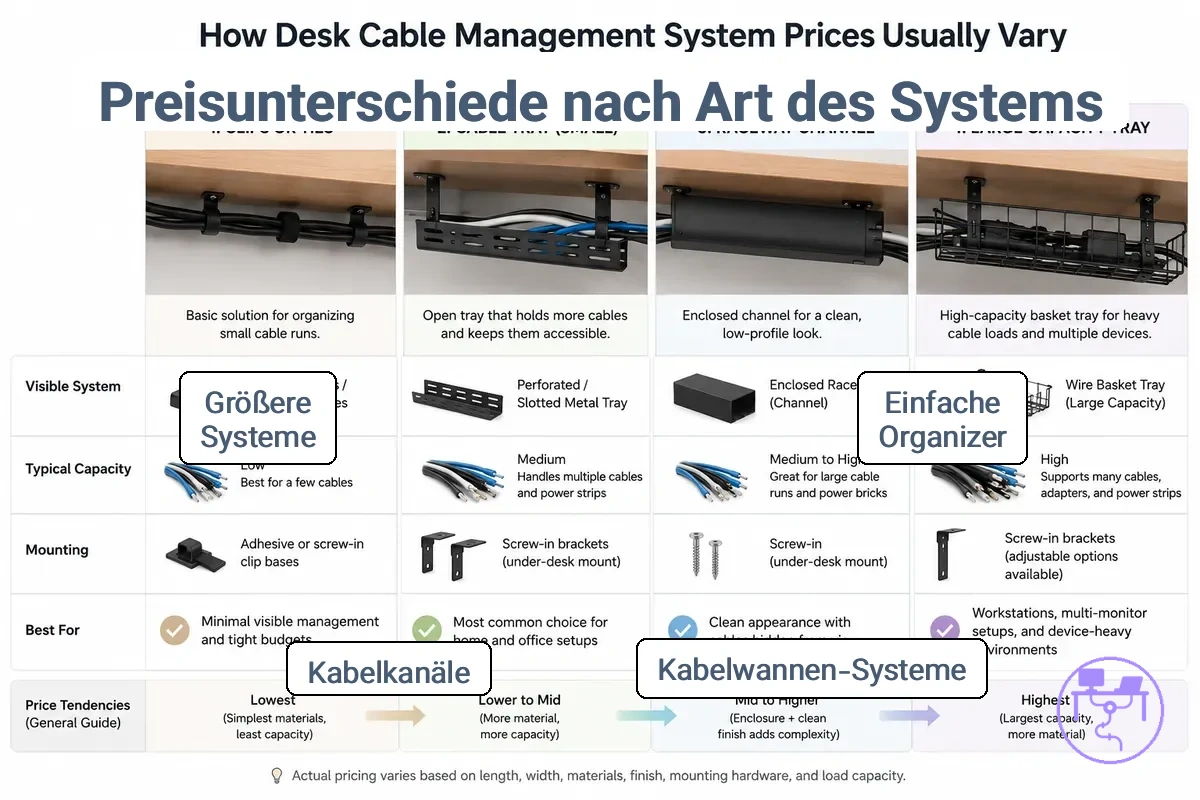 Preisvariation von Kabelmanagement-Systemen für den Schreibtisch, dargestellt durch Clips, Schalen, Kabelkanäle und größere Kabelorganisatoren