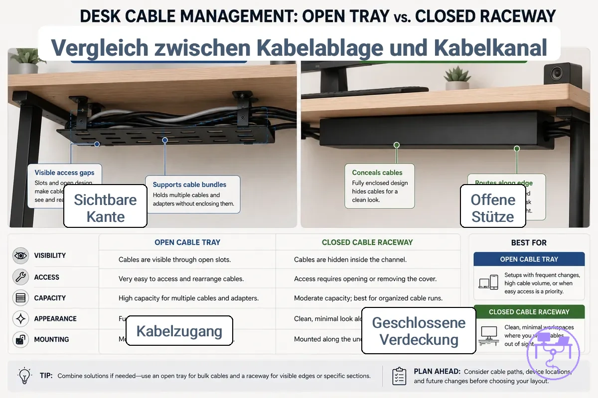 Kabelwanne vs. Kabelkanal für offene Stützung und geschlossene Verdeckung, dargestellt mit beschrifteten Details der Schreibtisch-Kabelorganisatoren