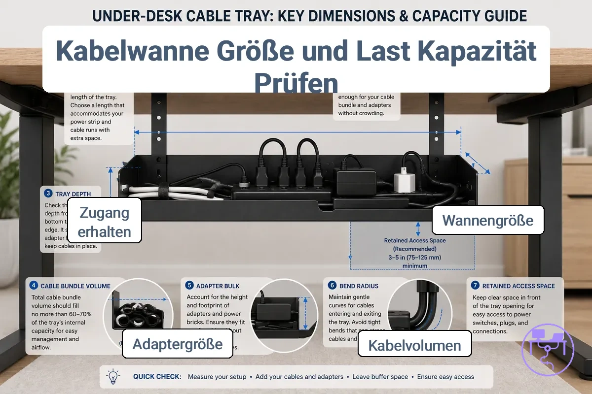Abmessungen der Kabelwanne und Überlegungen zur Kabelbündelkapazität unter einem Schreibtisch