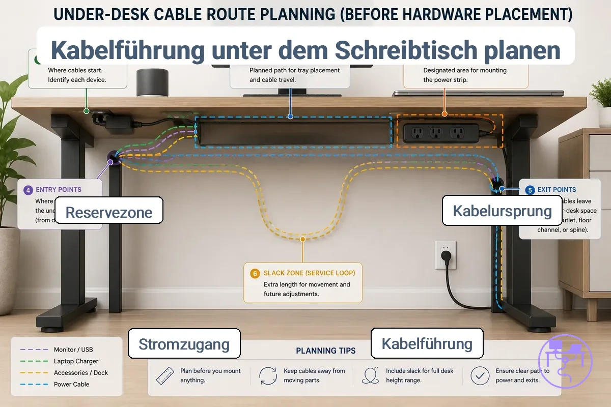 Kabelwegplanung unter dem Schreibtisch mit Darstellung von Kabelursprüngen, Wegverlauf, Bereich der Steckdosenleiste, Austrittspunkten und Durchhang