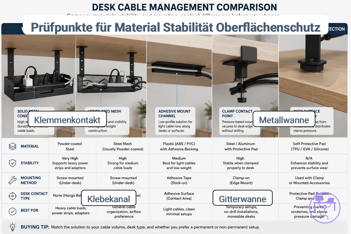 Vergleich von Kabelmanagement-Materialien für den Schreibtisch und Montagekontaktpunkten hinsichtlich Stabilität und Oberflächenschutz.