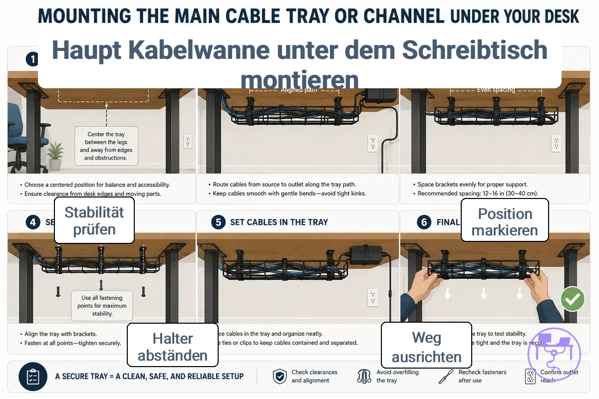 Position der Haupt-Kabelführungsschiene oder des Haupt-Kabelkanals unter einem Schreibtisch
