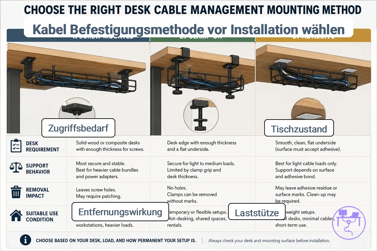 Vergleich der Montagemethoden vor der Installation eines Kabelmanagement-Systems für den Schreibtisch