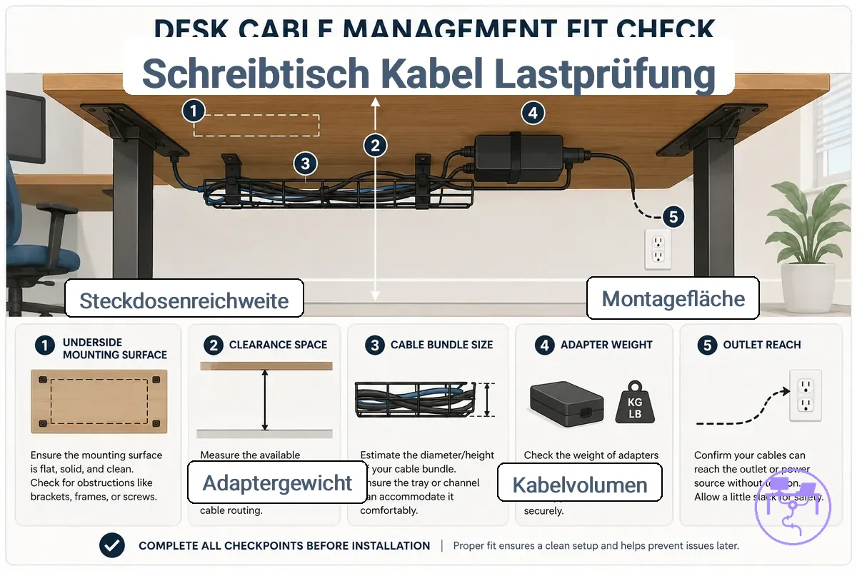 Bereiche der Tischunterseite und Kabelbelastung für die Passformprüfung bei der Installation